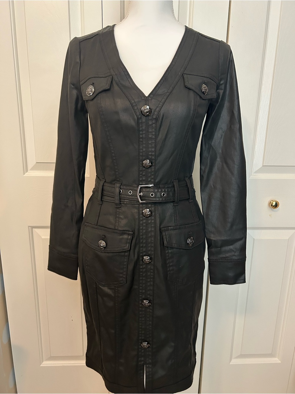 White House Black Market Black Coated Denim Belted Dress